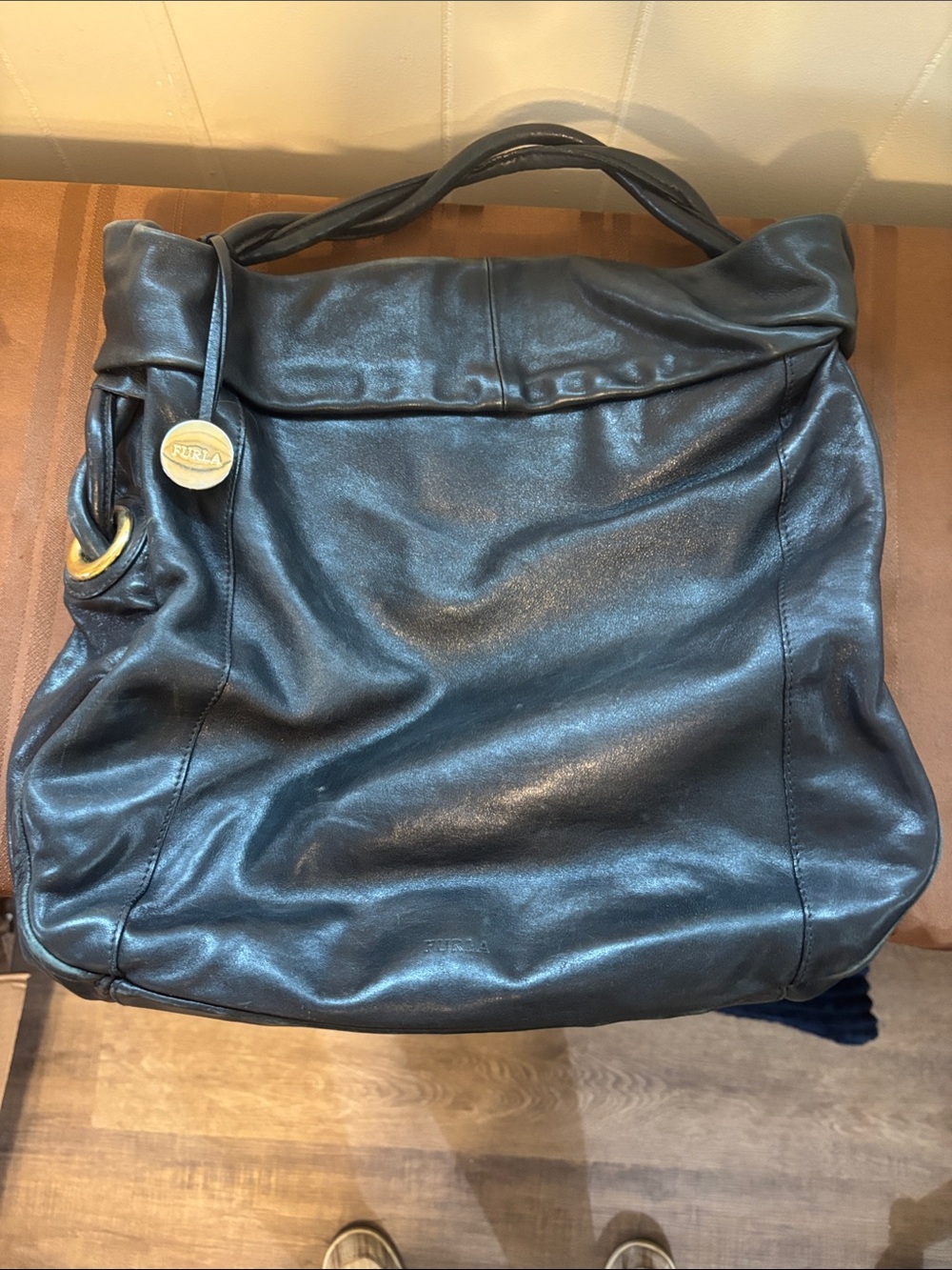 EUC Furla Black Soft Leather Hobo Shoulder Bag with Gold Accent